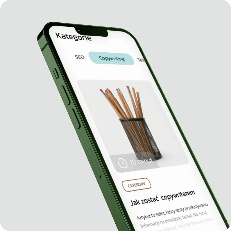 Zielony smartfon z wyświetloną na ekranie stroną www Słowa Klucze.