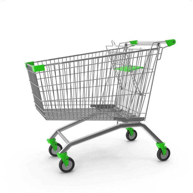 Srebrny wózek zakupowy z neonowo-zielonymi elementami.