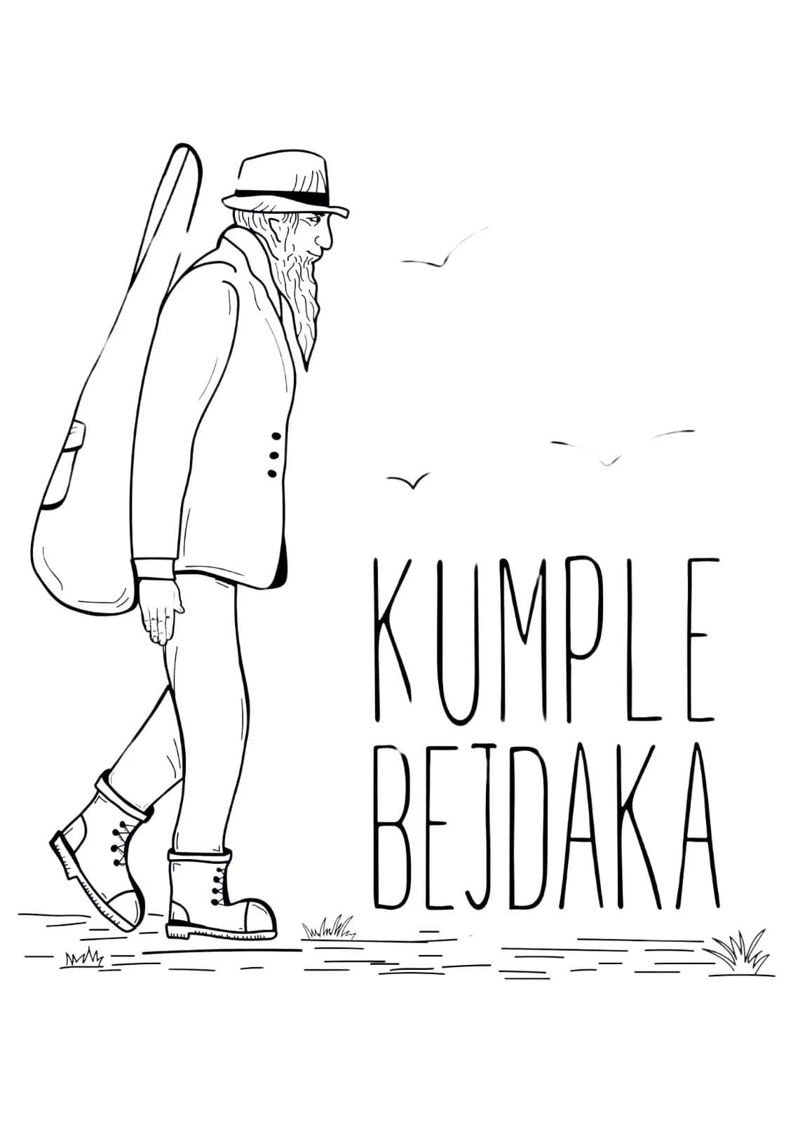 Ilustracja przedstawiająca mężczyznę z brodą w kapeluszu z bagażem na plecach, z prawej stony logotyp Kumple Bejdaka.